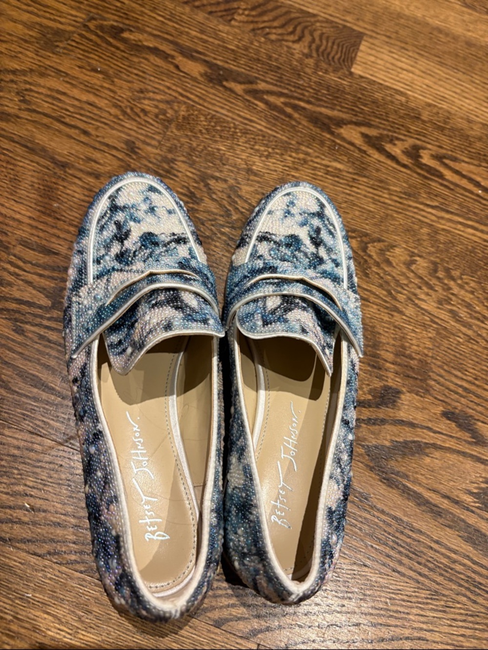 Betsey Johnson Blue and White Beaded Slip-On Loafers-BRAND NEW
